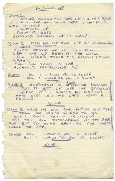 John Entwistle of The Who Handwritten Lyrics to ''Pick-Me-Up'' -- With Partial Handwritten Lyrics on Verso to ''I Believe in Everything''